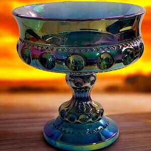 Iridescent Blue Carnival Glass Compote Dish by Indiana Kings Crown Thumbprint